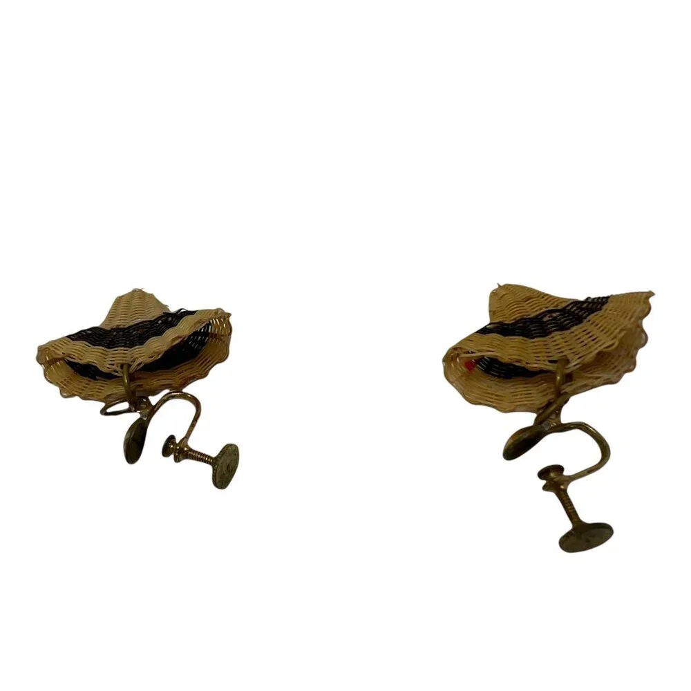 Hat Earrings Rattan Vintage Gold Tone Screw Back Tan‎